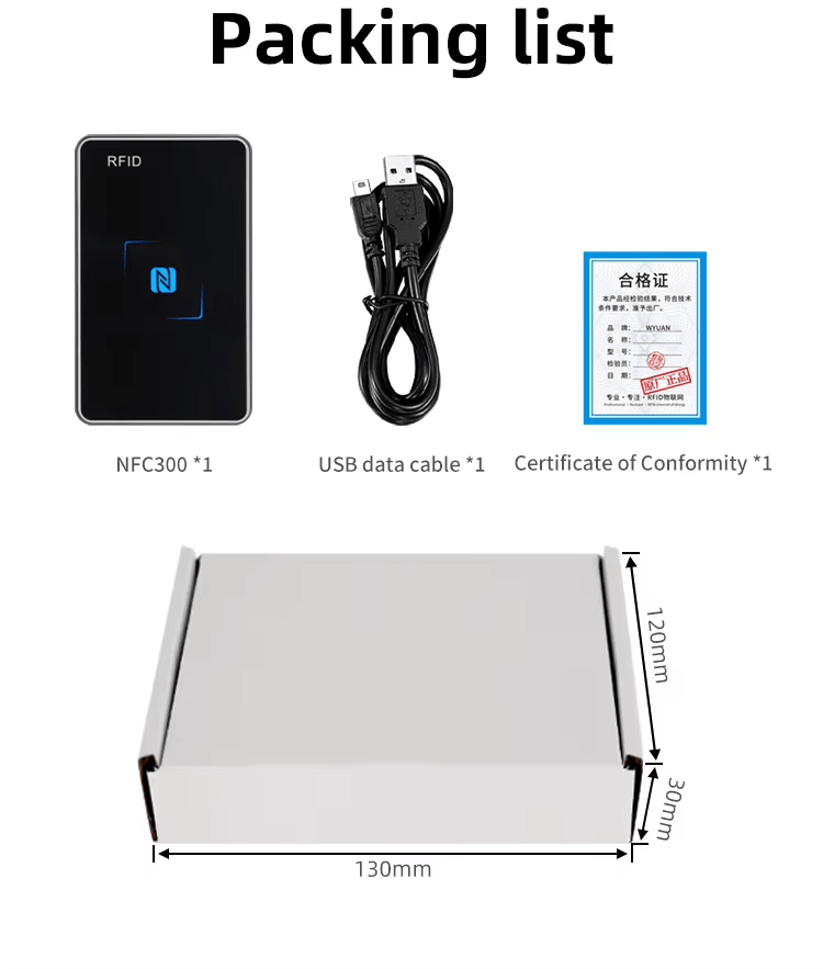 Imagen del contenido de embalaje del NFC300 con lector, cable USB, certificado y medidas de caja para preparación logística.