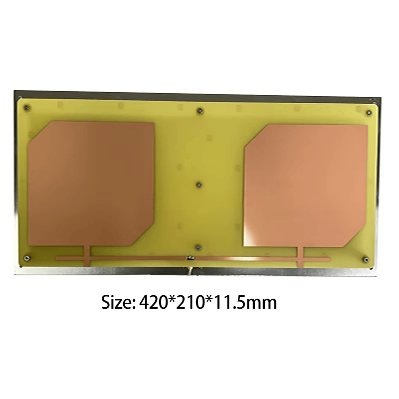 Antena RFID UHF ZK-ANT4221 con una etiqueta que muestra unas dimensiones de 420 por 210 por 11,5 mm.