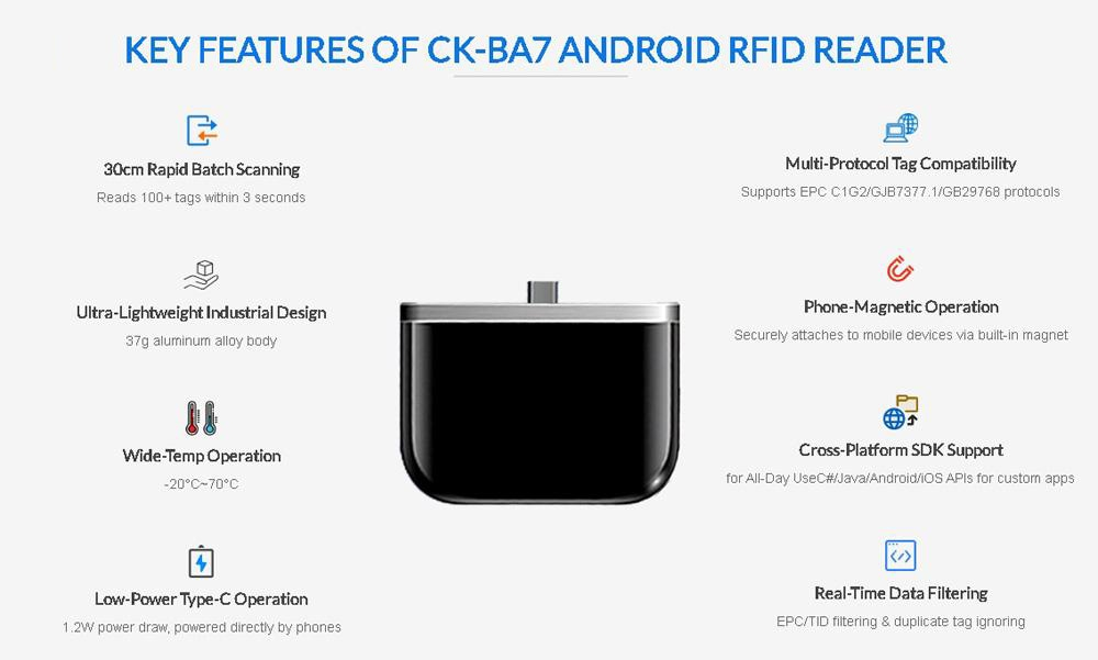 Lector RFID UHF Android CK-BA7 con funciones destacadas, como lectura de hasta 30 cm, fijación magnética al teléfono y conexión Type-C de bajo consumo.