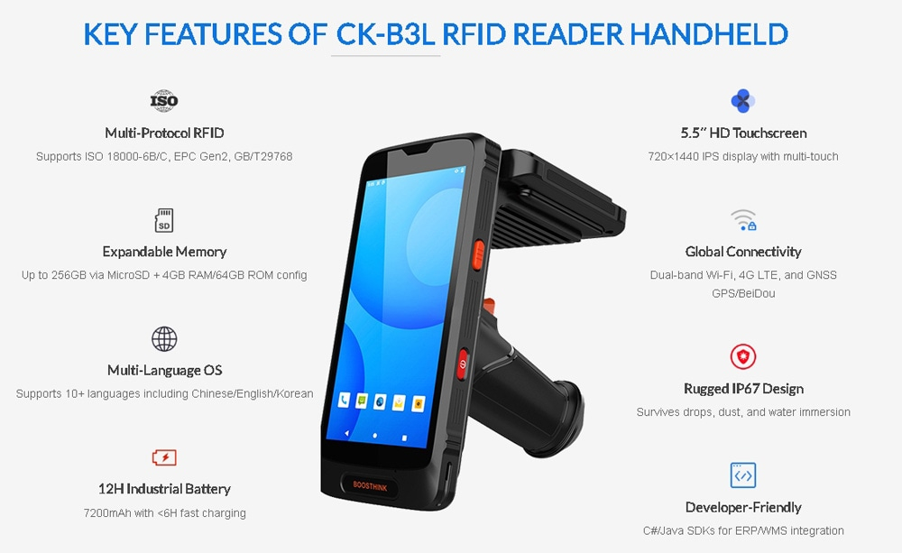 El lector RFID portátil CK-B3L con protección IP65 resiste polvo y salpicaduras de agua durante operaciones en campo.