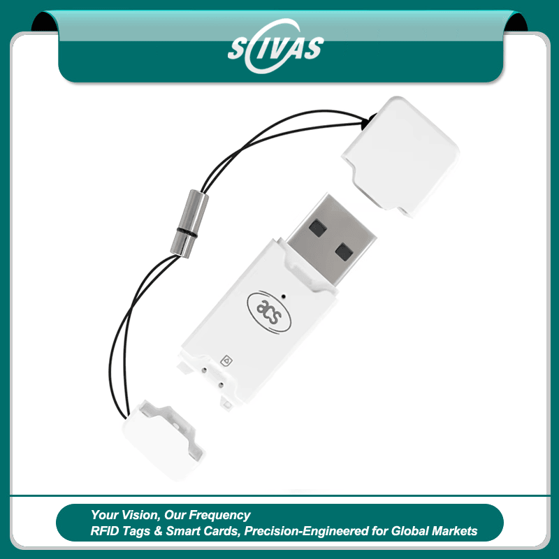 El lector de tarjetas inteligentes de tamaño SIM ACR40T aparece en una imagen de cabecera enmarcada con su cordón y tapa y cuerpo USB blanco compacto.