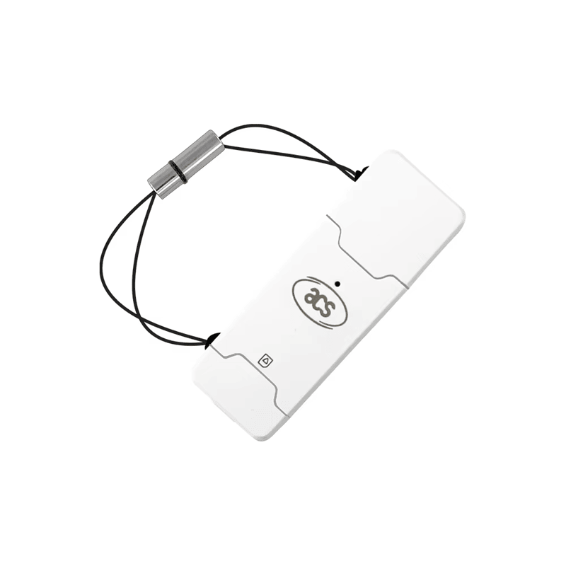 El lector de tarjetas inteligentes de tamaño SIM ACR40T se presenta plegado en formato de bolsillo, destacando la carcasa blanca fina y el indicador integrado.