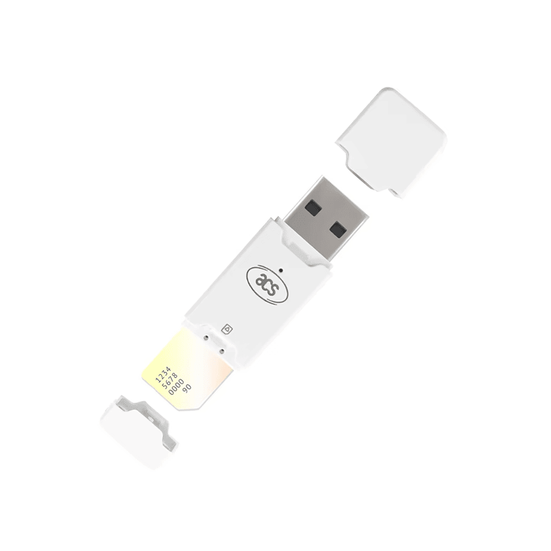 El lector de tarjetas inteligentes de tamaño SIM ACR40T se presenta con una clavija USB Type-A y una tarjeta SIM insertada para autenticación directa en el escritorio.