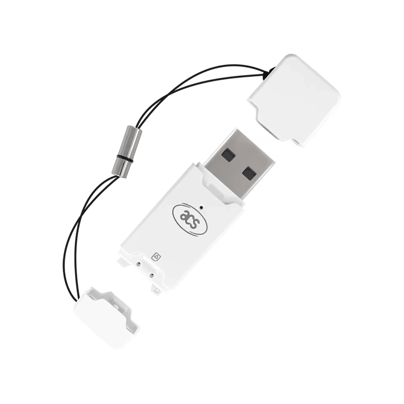 El lector de tarjetas inteligentes de tamaño SIM ACR40T se presenta con conector USB Type-A y tapa protectora y cordón para uso portátil de escritorio.