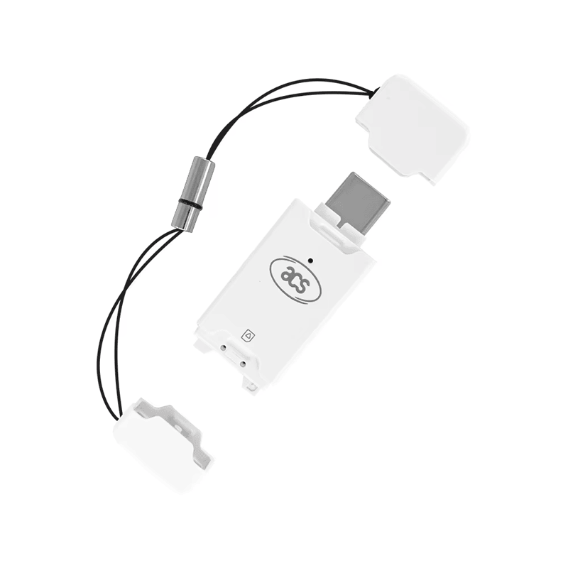 El lector de tarjetas inteligentes de tamaño SIM ACR40T se presenta con conector USB Type-C y tapa protectora y cordón para una conectividad moderna y compacta.