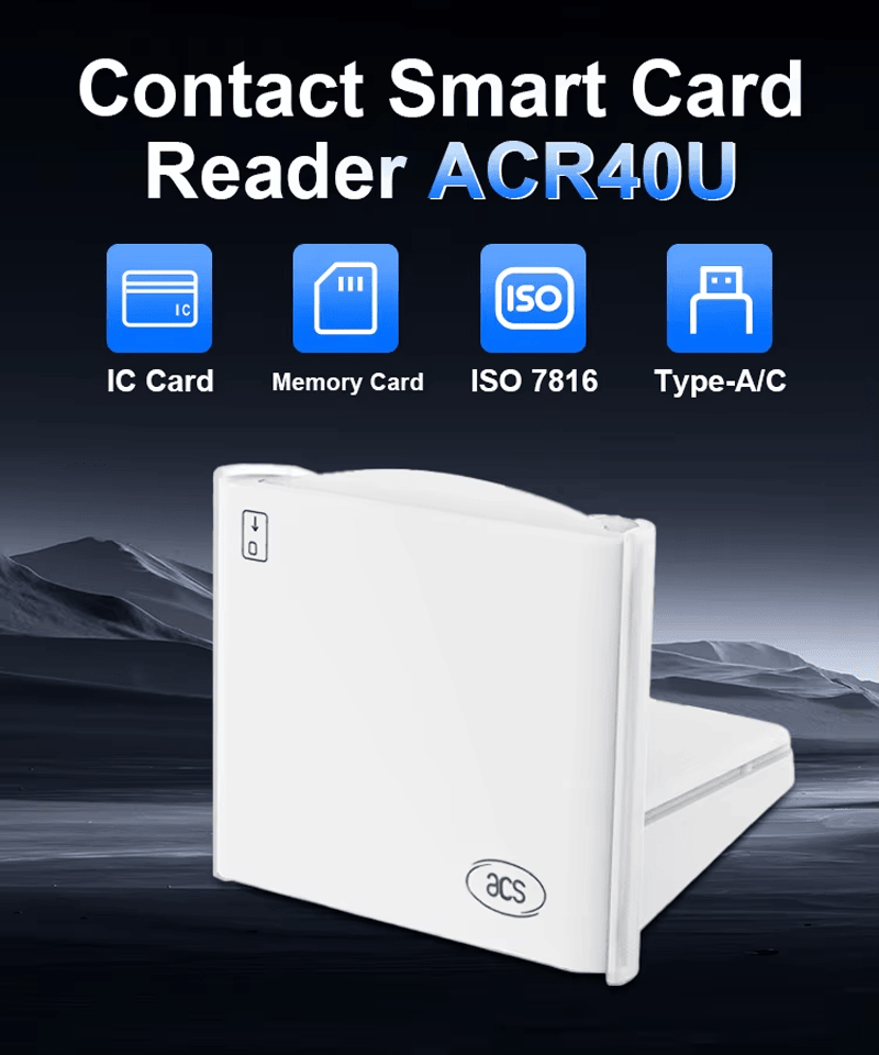 El lector de tarjetas inteligentes con contacto ACR40U aparece en un gráfico promocional que destaca la compatibilidad con tarjetas IC, tarjetas de memoria ISO y conectividad Type A o C.