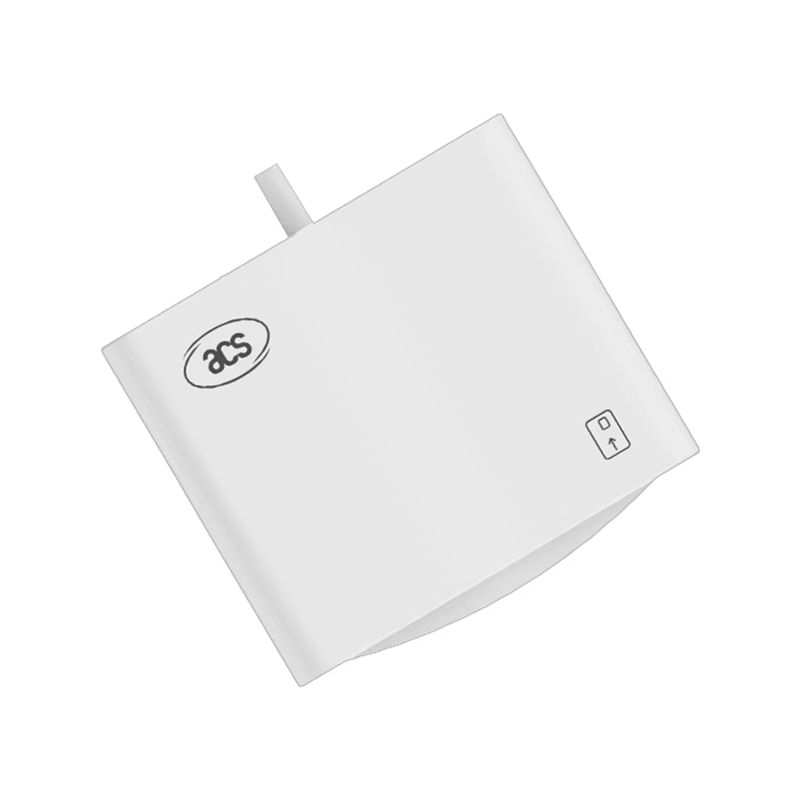 Fotografía de Lector USB de tarjetas inteligentes de contacto para acceso seguro que muestra este aspecto: logotipo impreso; en la categoría de Lectores y escritores con contacto y sin contacto de la serie ACS.