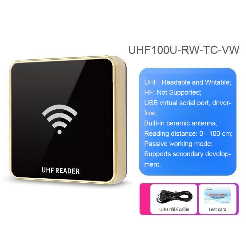 Dibujo de dimensiones del lector de la serie UHF100U que muestra su tamaño compacto de 107x107x25mm para comodidad en sobremesa.