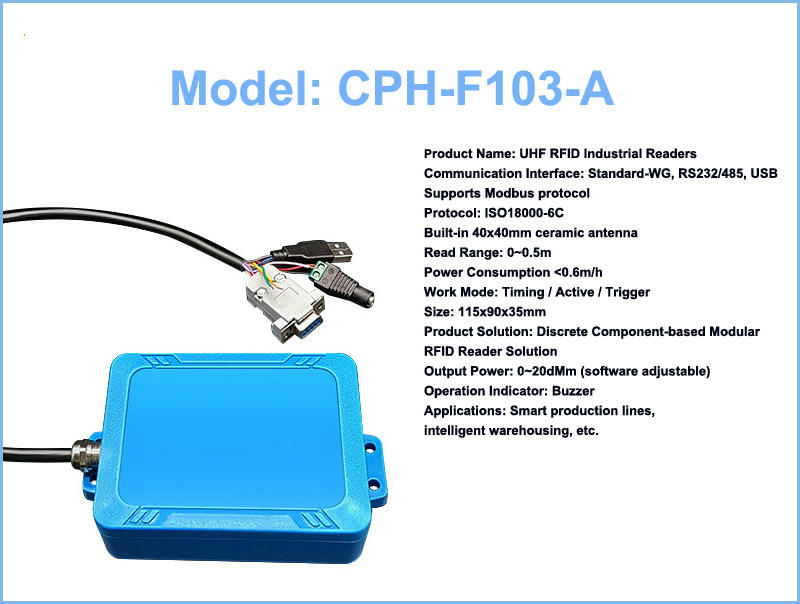 Ficha del lector UHF industrial CPH-F103-A con antena cerámica integrada y alcance de lectura de 0 a 0,5 metros.
