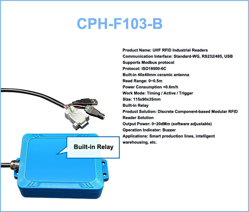 Ficha técnica del lector industrial CPH-F103-B que destaca la función de relé integrado.