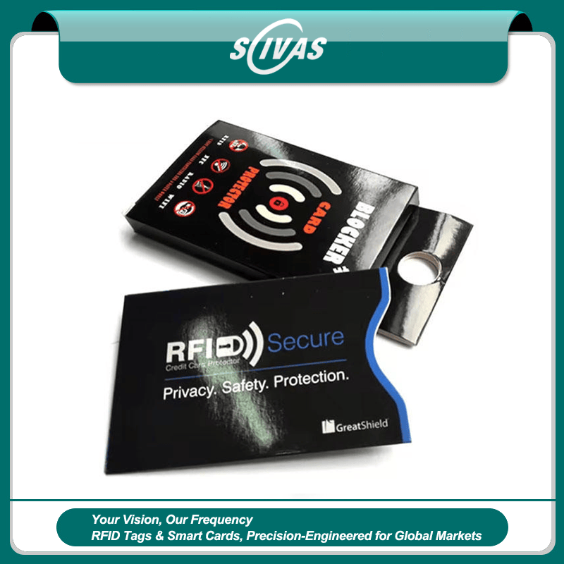 Fotografía de embalaje comercial que muestra fundas de bloqueo RFID destinadas a una cartera antirrobo para proteger tarjetas sin contacto