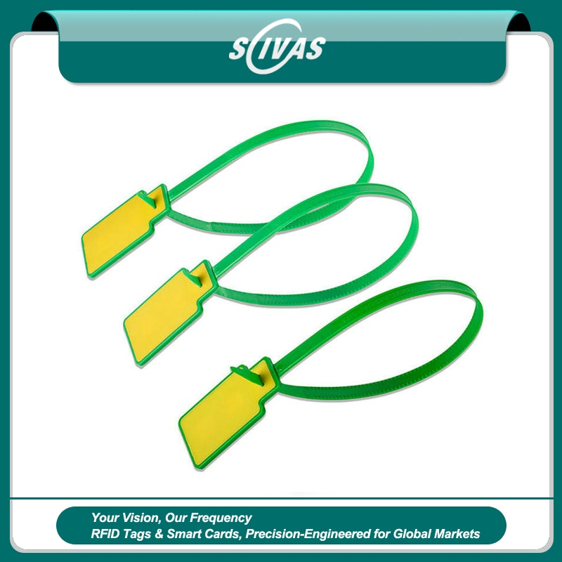 Imagen de portada con tres etiquetas RFID tipo brida modelo Z33230-1 verdes y caras amarillas cerradas en lazo para identificación industrial reutilizable.