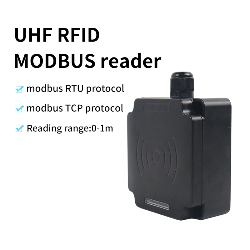 Una imagen promocional muestra el lector RFID UHF Modbus FD-605 con cuerpo compacto y alcance de lectura de 0 a 1 metro.