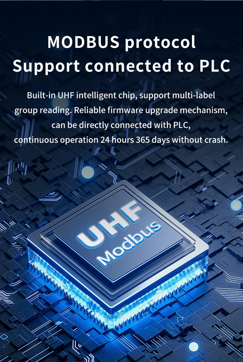Póster técnico del lector FD-605 con compatibilidad UHF Modbus y conexión estable de larga duración con PLC.