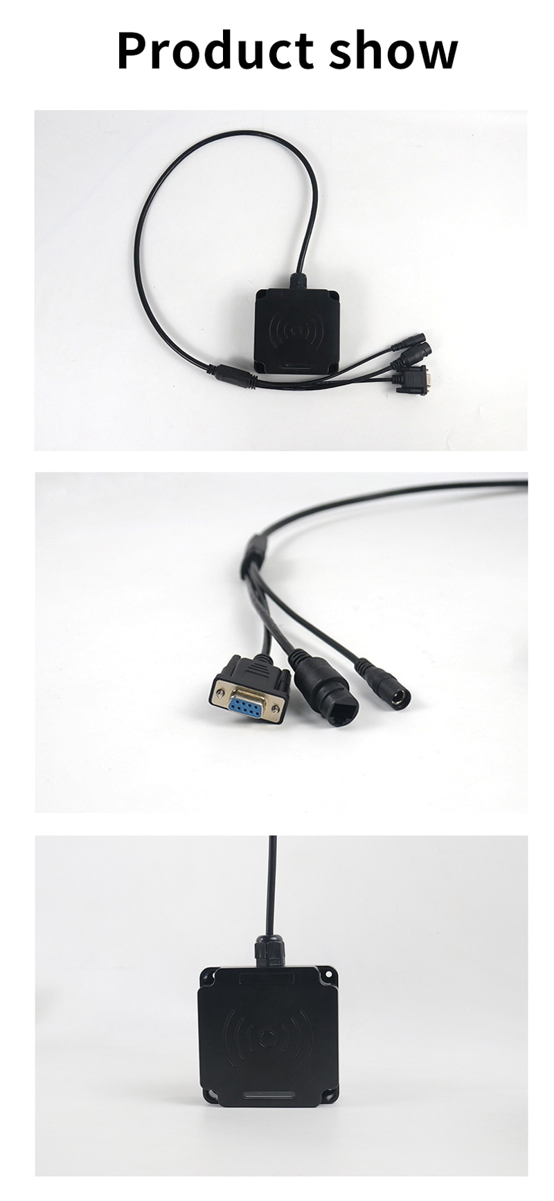 Composición de tres fotografías con la carcasa, los cables de conexión y la vista frontal del lector FD-605.