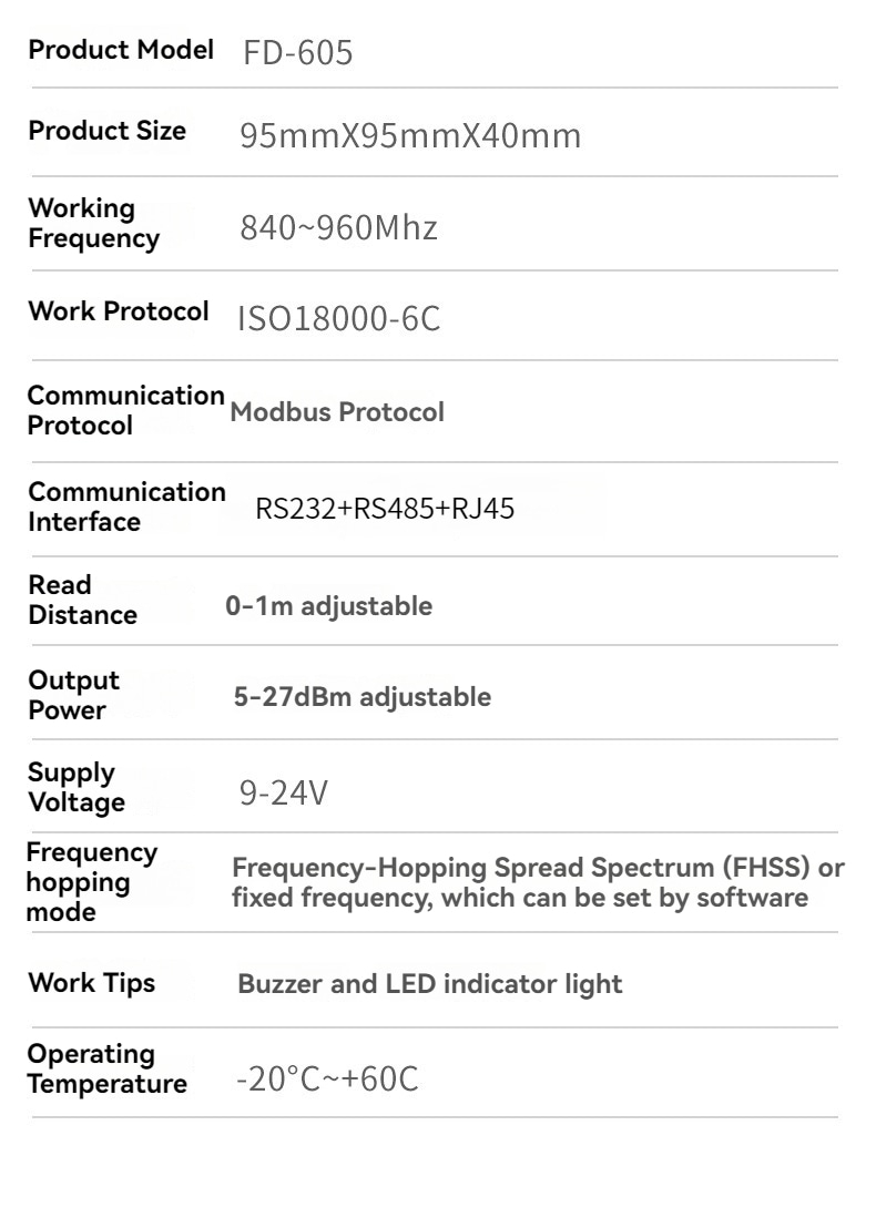 Tabla de especificaciones del FD-605 con modelo, dimensiones, frecuencia, protocolo, interfaces, distancia, potencia y tensión.
