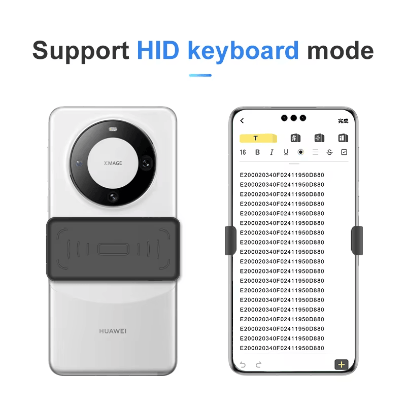 El lector RFID UHF con clip posterior H100 está montado en un teléfono junto a una pantalla de texto EPC para ilustrar el modo de teclado HID.