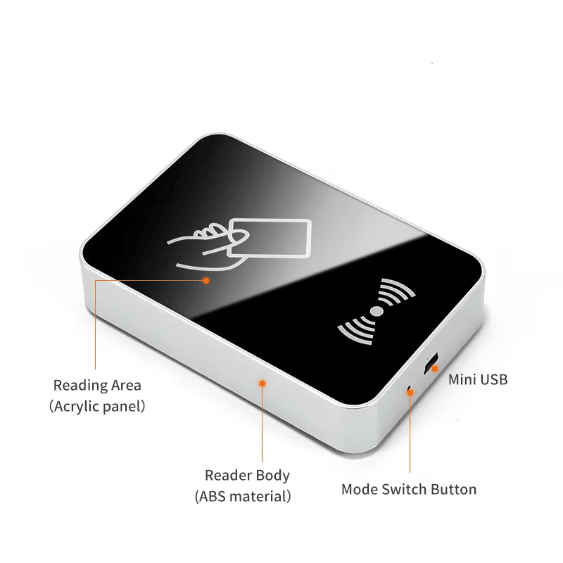 Lector RFID UHF de escritorio compacto y portátil FD-603 con carcasa duradera de ABS y tamaño reducido para escritorios con poco espacio.