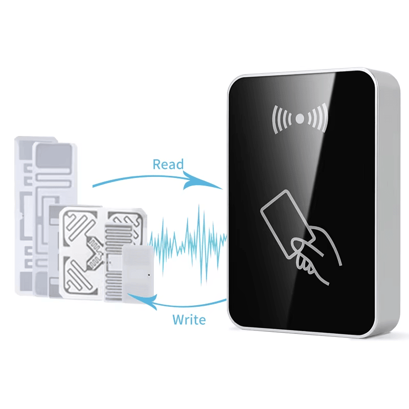 Vista cercana del lector RFID UHF FD-603 que destaca el puerto mini USB estándar para transmisión conjunta de alimentación y datos.
