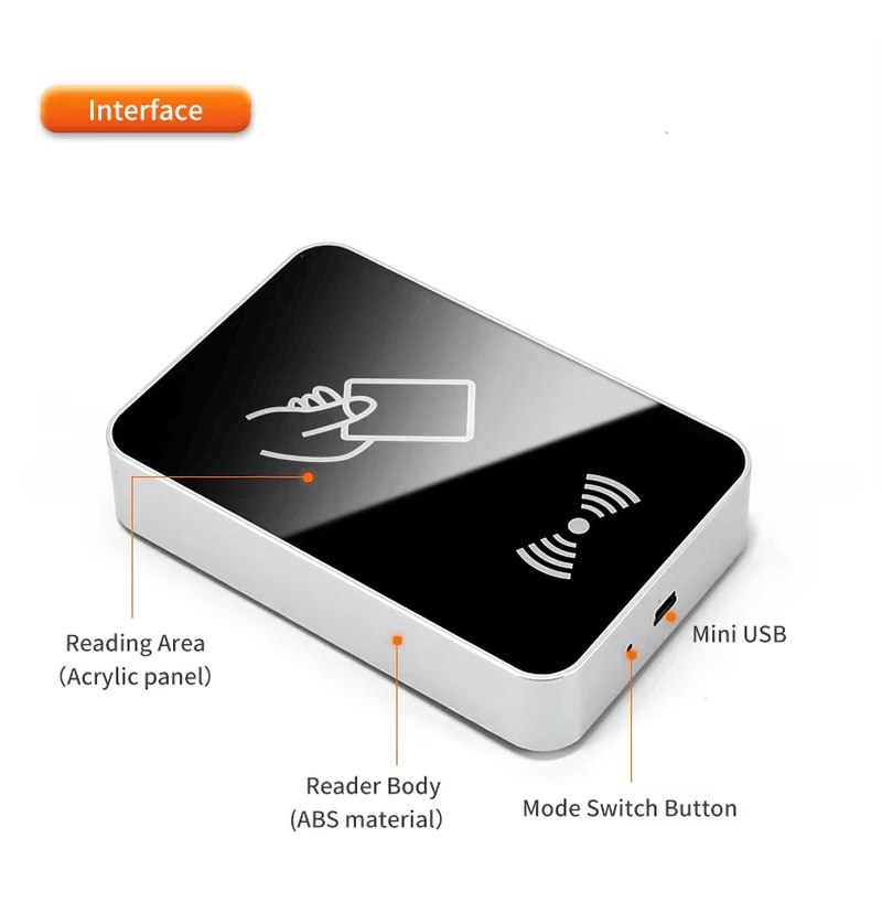 Contenido del embalaje estándar del lector UHF RFID FD-603, incluida la unidad principal y un cable de datos Mini USB de alta calidad.