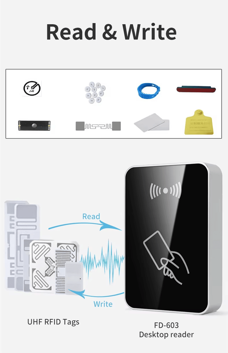 Lector UHF RFID FD-603 utilizado para programar etiquetas y asociarlas con bases de datos de software de gestión de activos desde un PC.