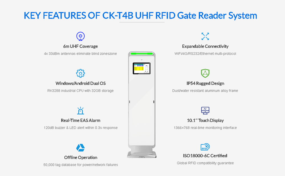 Dibujo técnico de dimensiones del portal de acceso RFID CK-T4B que ilustra los 153cm de altura y 45cm de anchura del cuerpo de acero al carbono.