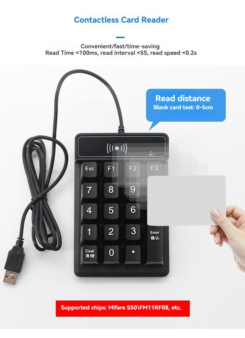 La imagen muestra el lector RFID HF R98C con teclado y una tarjeta junto al panel superior para ilustrar la distancia de lectura sin contacto.