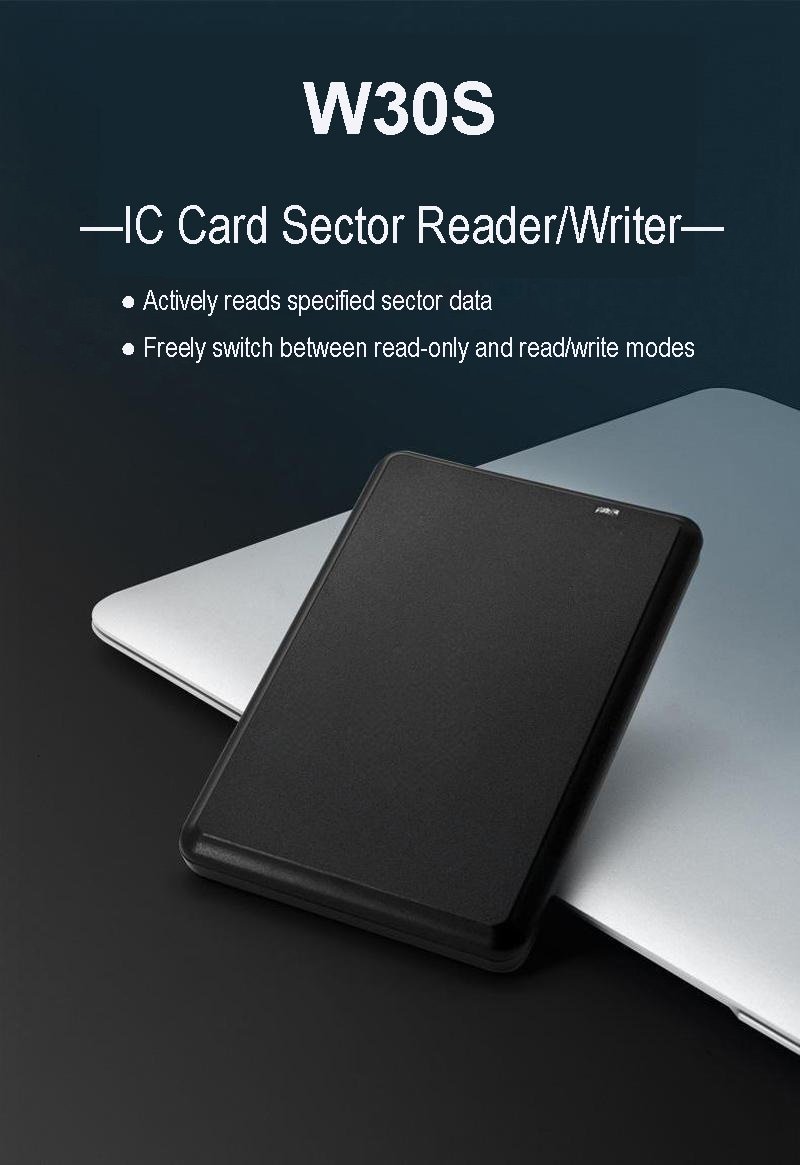 La fotografía principal del grabador RFID HF USB W30S destaca su capacidad para realizar operaciones de lectura y escritura de sectores completos.
