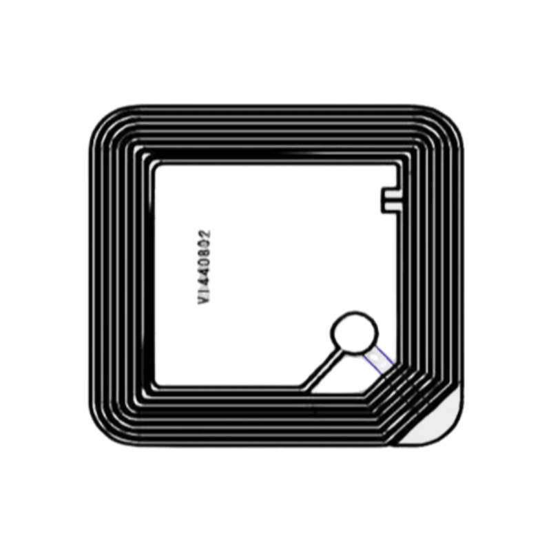 Este diagrama técnico muestra la estructura precisa de la antena de las etiquetas RFID HF circulares optimizadas para un seguimiento eficiente de productos en estanterías.