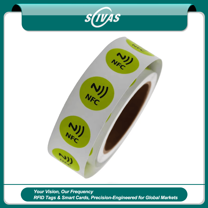 Este plano técnico ilustra la estructura de antena de cobre de una etiqueta NFC circular diseñada para interacción fiable con teléfonos inteligentes y marketing digital.