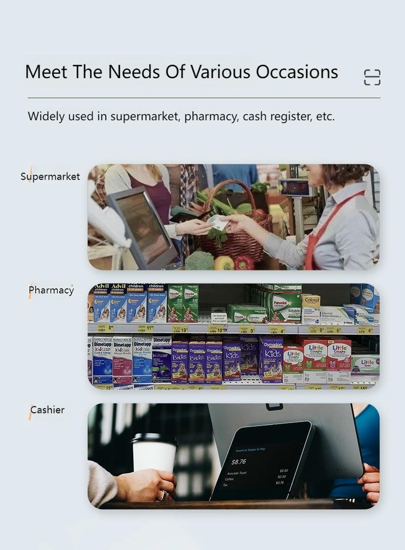 El póster de aplicaciones del R41 muestra escenarios habituales en supermercados, farmacias y mostradores de pago.