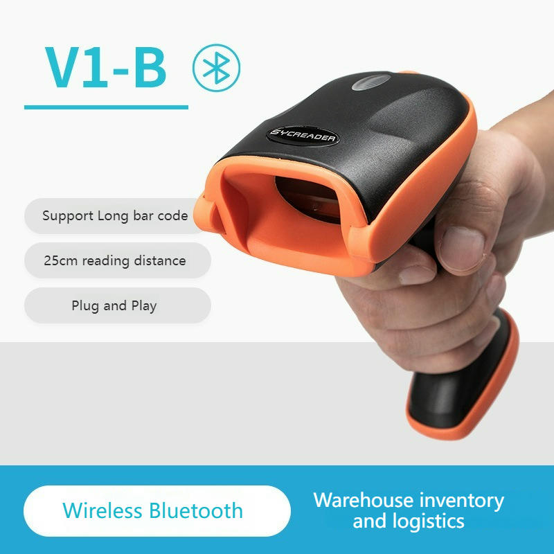 Una mano sostiene el escáner láser Bluetooth de códigos de barras V1-B en una imagen promocional centrada en la lectura inalámbrica de códigos de barras para logística.