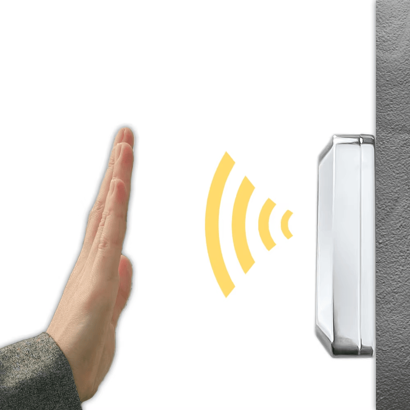 Vista trasera del Sensor infrarrojo de salida sin contacto con LED dual para aplicaciones de Botones de salida.