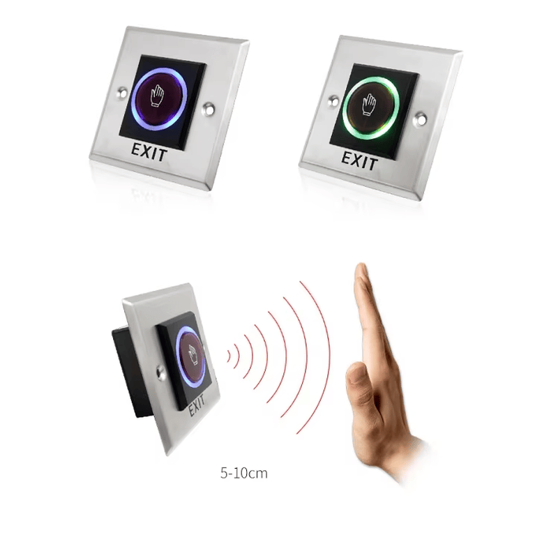 Pulsador infrarrojo de plástico sin contacto con doble LED para sistemas de control de accesos.