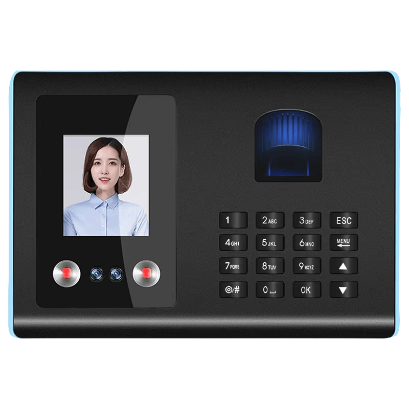 Vista frontal del terminal de asistencia FV-FA01 con pantalla de reconocimiento facial, lector de huellas y teclado.