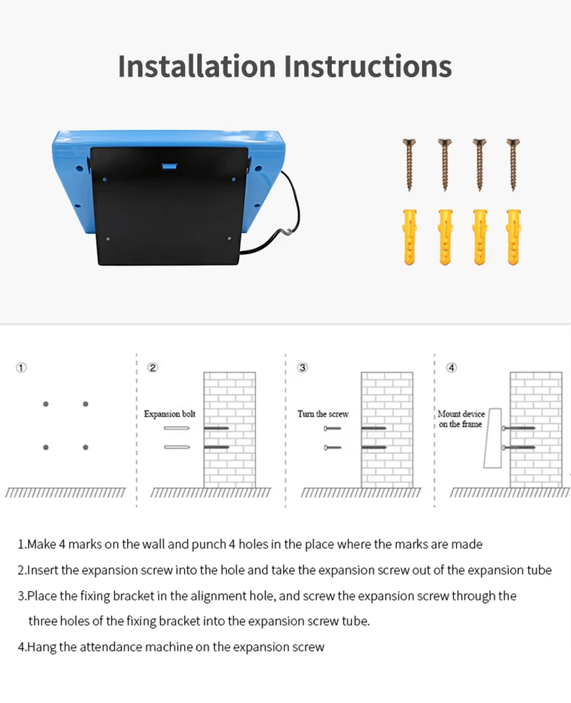 Instrucciones de instalación mural del FV-FA01 con tornillos, soporte y colocación final del terminal.