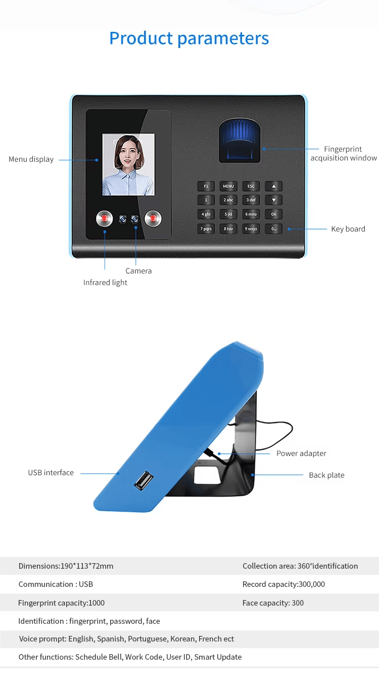 Ficha técnica del FV-FA01 con pantalla, teclado, puerto USB, soporte y capacidad de identificación.