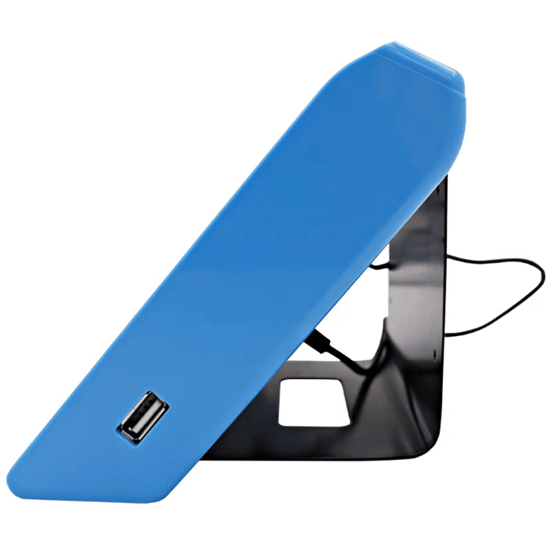 El terminal de asistencia FV-FA01 se muestra de lado con su carcasa azul y la interfaz USB y el soporte negro de montaje en escritorio.