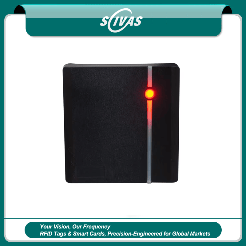 Lector de acceso RFID Wiegand para sistemas de entrada por puertas mostrando este aspecto: diseño de montaje en pared; para compradores que comparan soluciones de Lectores de acceso RFID.