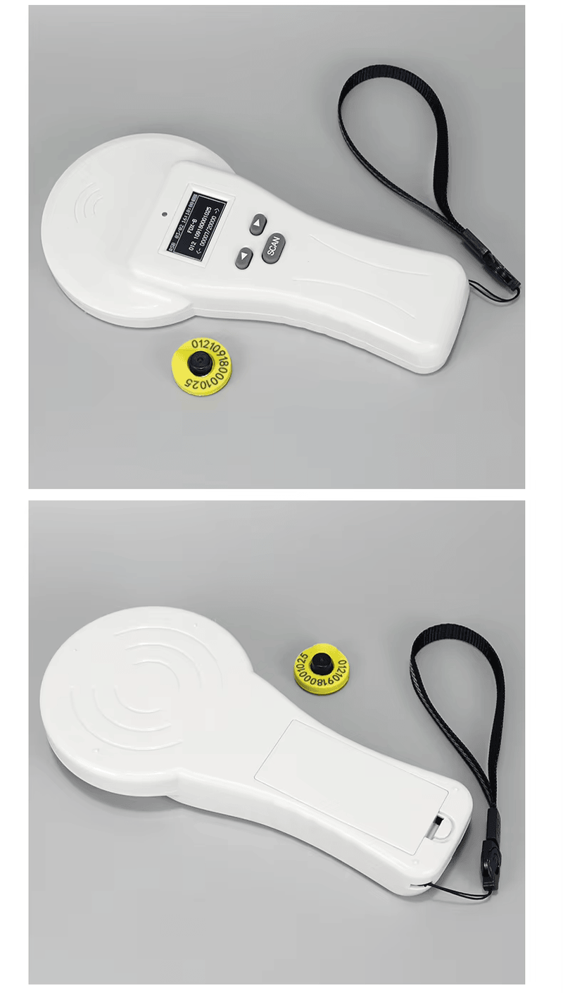 El gráfico muestra la distancia de lectura del escáner FJ380 para etiquetas auriculares y microchips de vidrio.