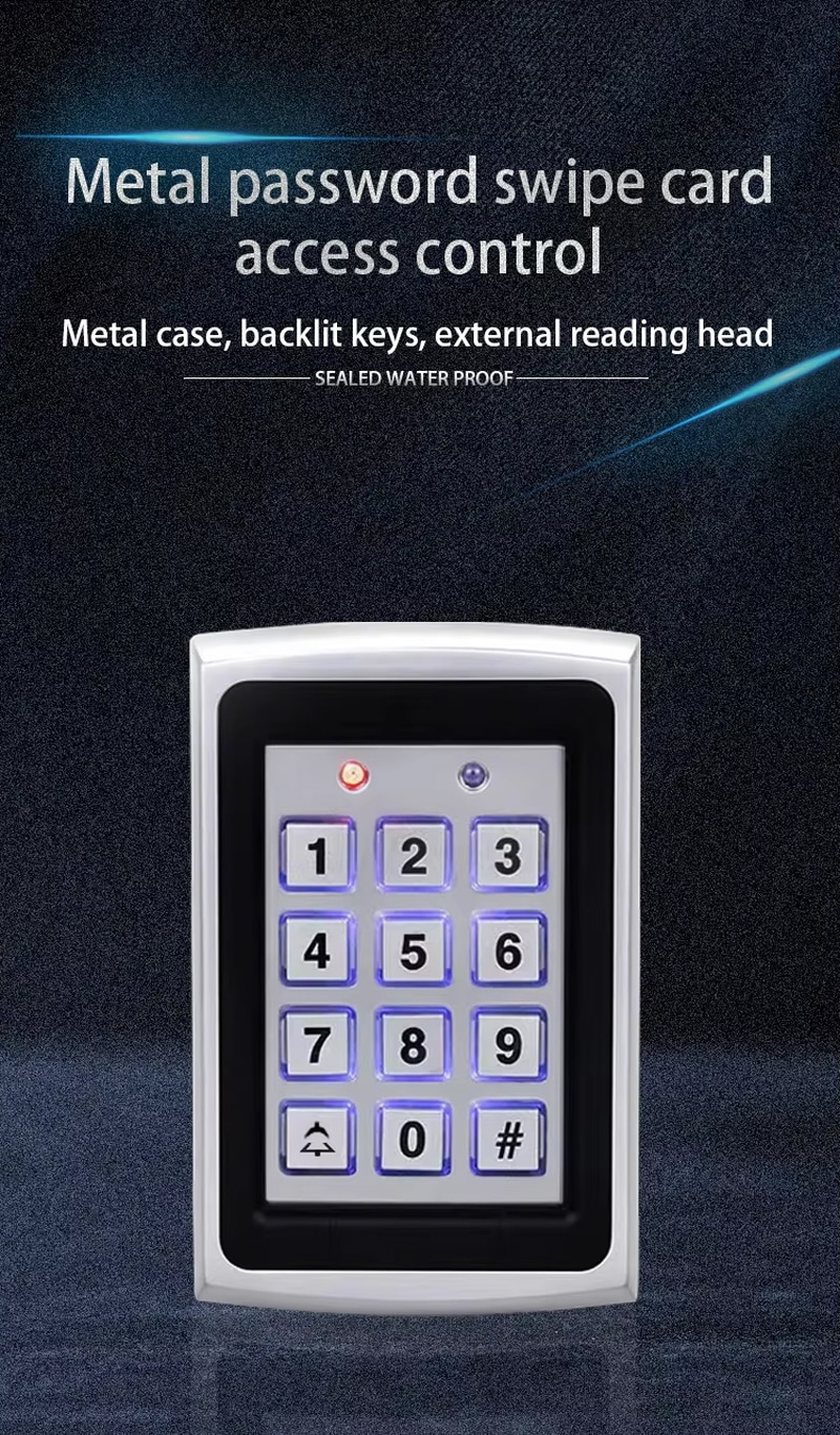 Terminal RFID metálico con teclado para acceso mediante tarjetas ID en instalaciones de control de acceso.
