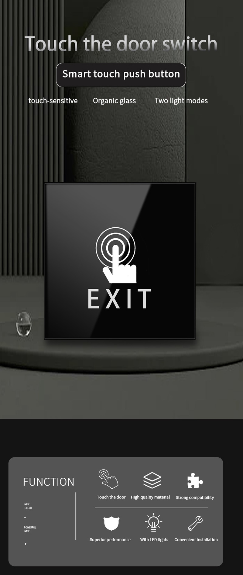 Detalle del texto de salida y del icono de la mano impresos en la superficie del pulsador ZY-TK507 para facilitar su identificación.