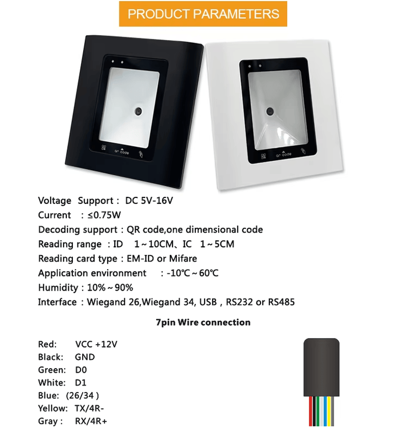 Lector RFID Wiegand con código QR para control de acceso con diseño para montaje en pared.