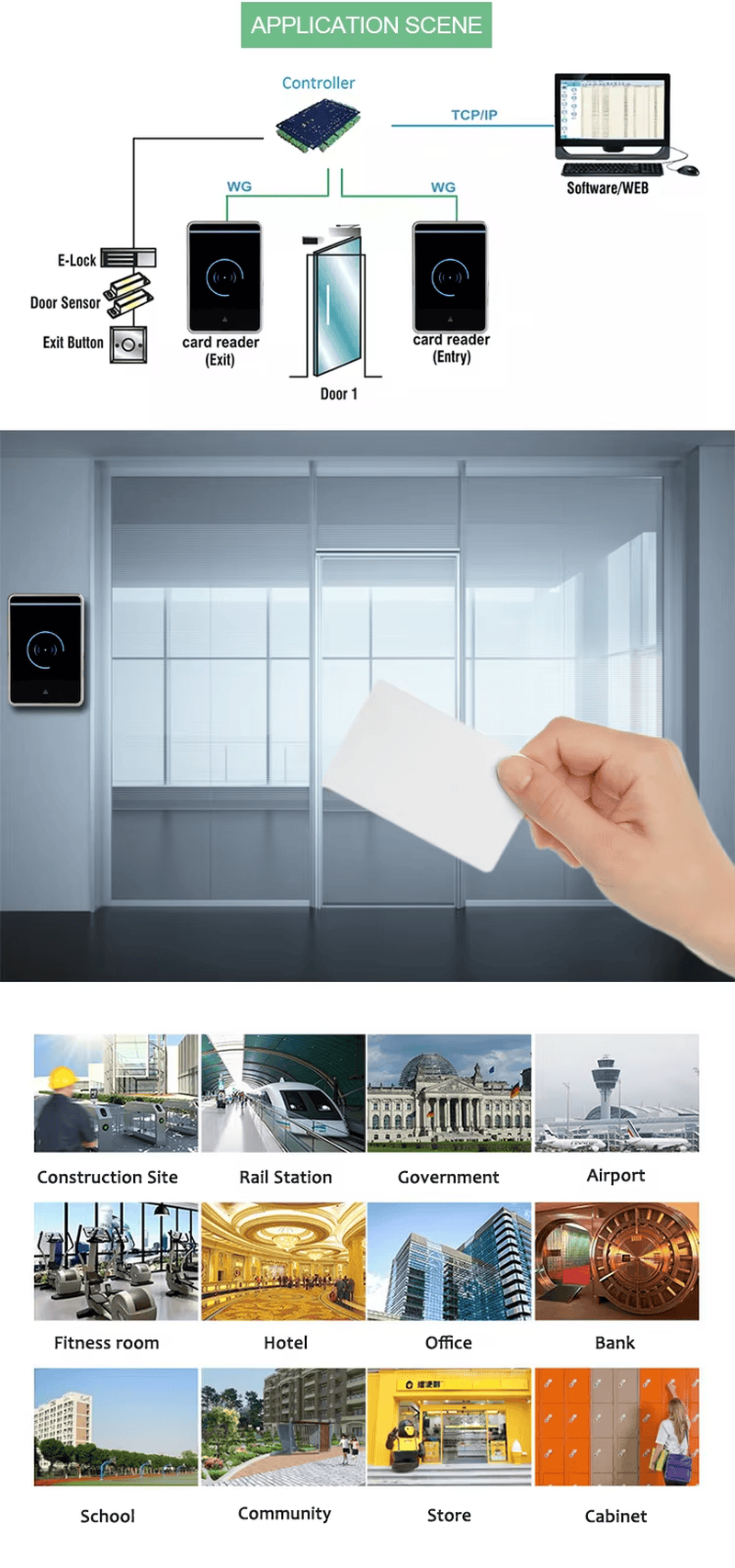 Lector exterior J10S expuesto a salpicaduras de agua para mostrar su protección impermeable IP66 en condiciones de lluvia.