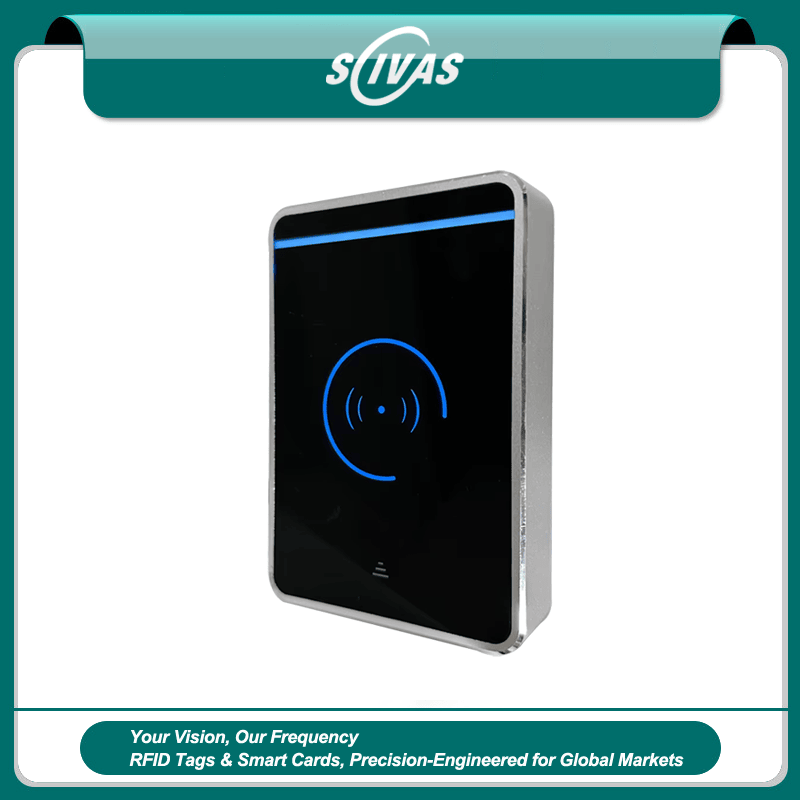 El lector de acceso negro con pantalla táctil J10s presenta un elegante panel de vidrio y un resistente marco metálico plateado para un control seguro de entradas a oficinas.