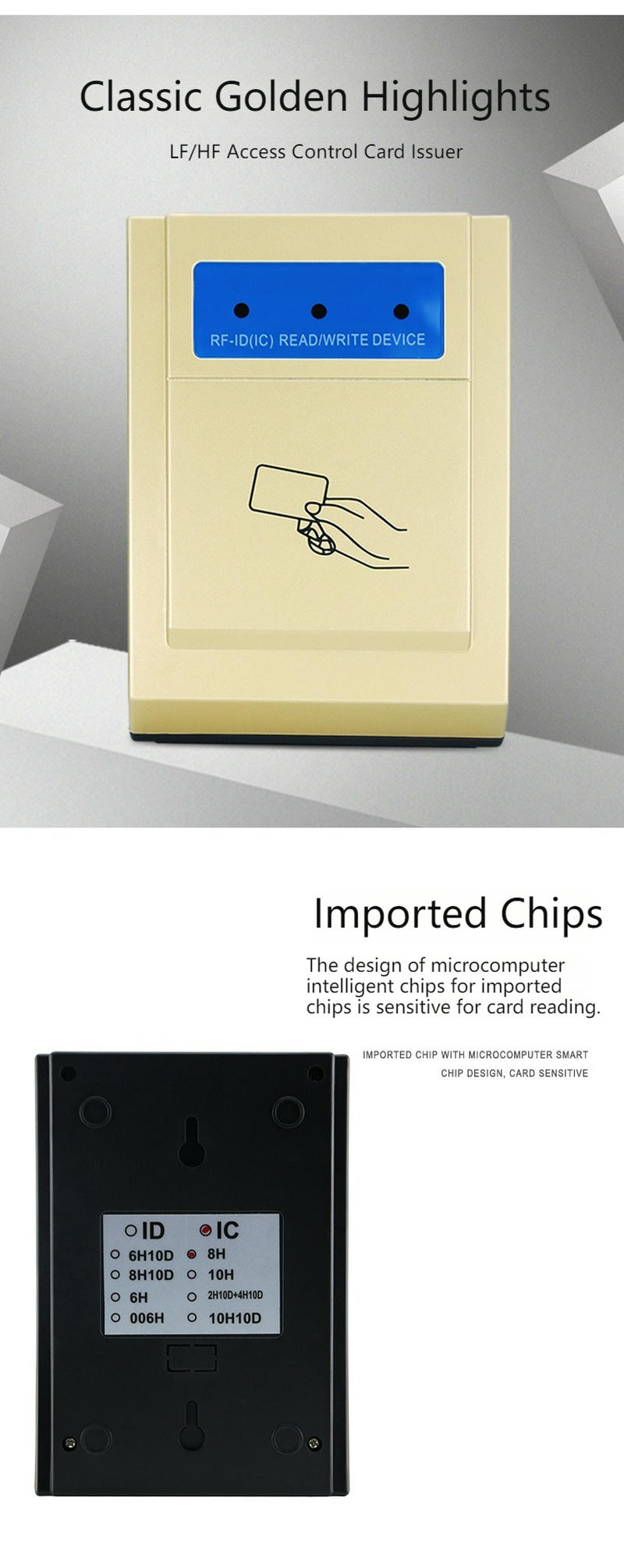 Plano técnico del lector RFID KA-09MF con sus dimensiones de 140 por 110 milímetros.